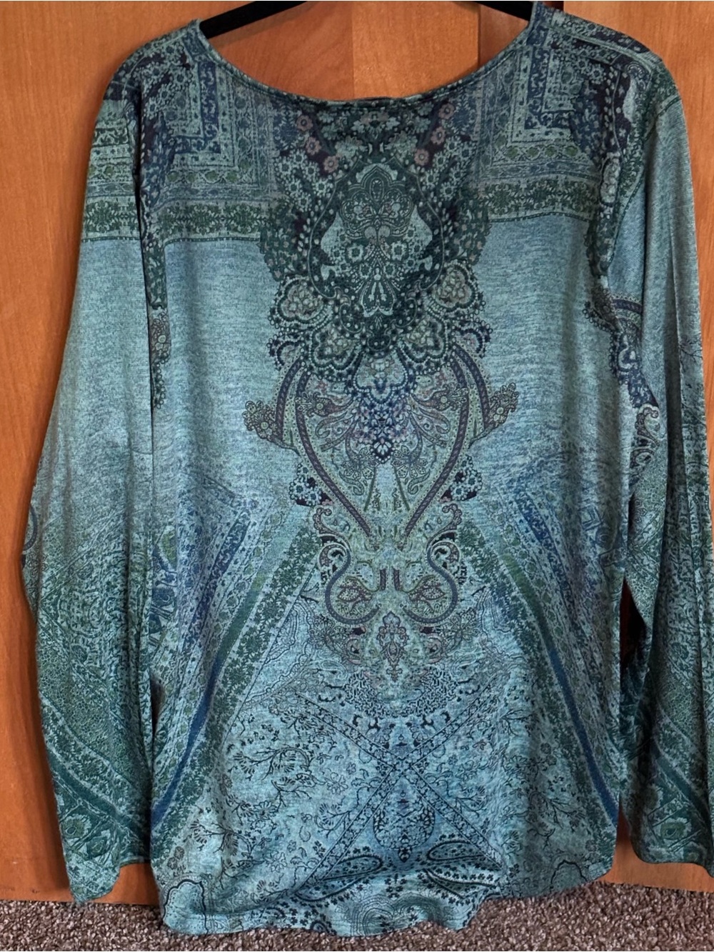 ONE WORLD Teal and Mauve Paisley Knit Top - Picture 2 of 5